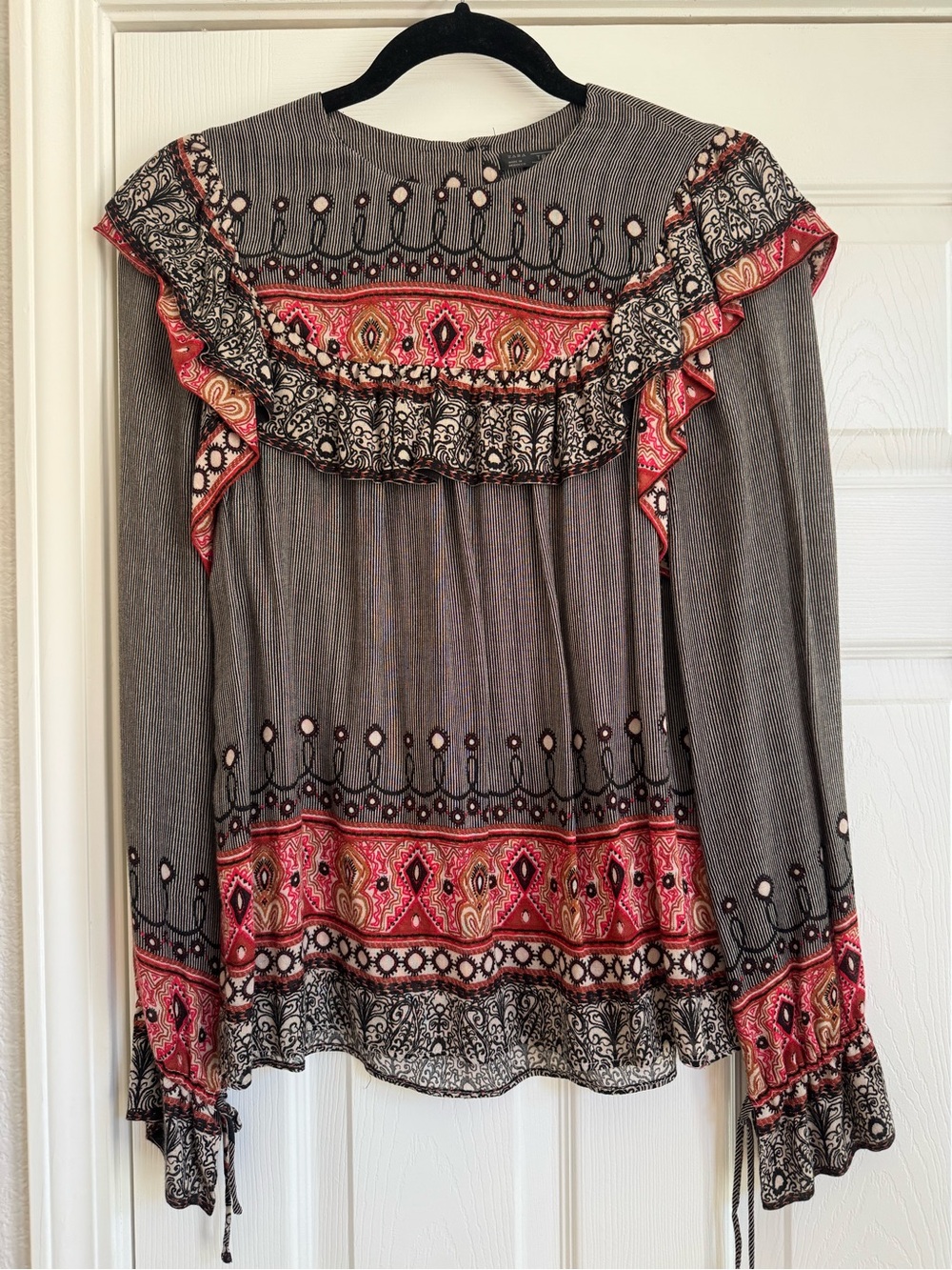 Zara Gray brown Boho Ruffle Blouse with Pink red & Black Accents
